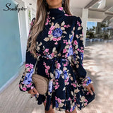 Navy Floral Print Loose Style Mini Dress Women Long Sleeve High Neck Party Dress Ladies Day Casual Clothes Spring