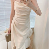Women Satin Strap Midi Sleeveless Split Dress Ruched Backless Bodycon Sexy Party Elegant Club Slim Clothes