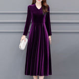 2021 Autumn Vintage Women Midi Party Dress Long Sleeve Burgundy Black Velvet Dress Plus Size 3XL 4XL 5XL