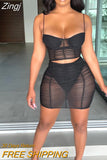 Women Sexy Mesh Patchwork Bodycon 2 Piece Ruched Dress Set Spaghetti Strap Crop Top Summer Mini Skirt Suits Solid