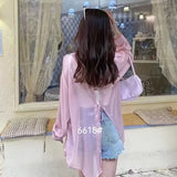 Women Blouses Solid Wear Early Spring Thin Pure Shirt Split Back Loose Sunscreen Long-sleeved Shirt Polo Collar Female