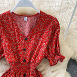 Women Single Breasted Printed Midi Dress Red/Blue/Green Puff Short Sleeve High Waist Vestidos Summer Female Robe