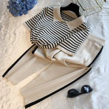 2024 Fashion Tracksuits Woment Striped Knit Pants Suit Casual Knitted Short-sleeved T-shirt + Long Pants 2 Piece