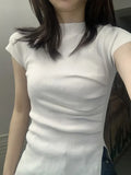 All Match Split T-shirts Grunge Pleated Knitted Slim Fit Top Women Short Sleeve Y2k Aesthetic Fashion Solid Harajuku