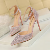 Zingj Korean Version Of Sweet High Heels With High Heel Shallow Pointed Hollow Out A Word With Shiny Rhinestone