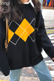 Knitted Sweater Women Oversized Argyle Sweaters Fashion Clothes Famale Long Sleeve Korean Crop Top Women Ropa De
