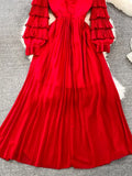 Vintage Women Pleated Party Long Dress Elegant Round Neck Lantern Sleeve High Waist Ruffle Draped Maxi Vestidos