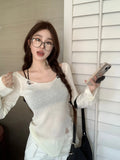 Korean Style Long-sleeved Ripped Thin Knitted Sunscreen Blouse T-shirt Tops With Small Tube Top Fashion Women's