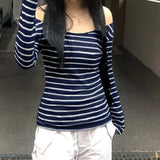 Striped Shoulder Long-Sleeved Blouse With A Lazy Wind And A Light Smock To Cover The Meat Shows A Thin