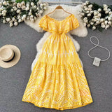 One-Word Collar Dress Women's High-End Lotus Leaf Edge French Embroidery Hollowed-Out Shoulder Waist Holiday
