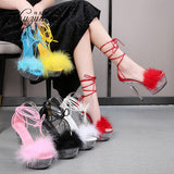 Shuzumiao Women's Sandals 2021 Summer New Waterproof Platform Transparent Fur High Heels Cross Straps Thin Heel Pole Dance