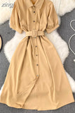 Vintage Green/Blue/Red Turn-Down Collar Single Breasted Dress Casual Short Sleeve High Waist A-Line Midi Robe New