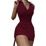 Fashion Sport Casual Lapel Drawstring Sheath Dress Summer Simple Sexy Women Sleeveless Solid Color Bodycon Mini