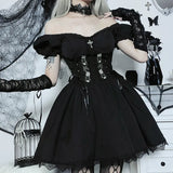 Cross Print Strap Shoulder Lace Spliced Dress Dark Sexy Slim Princess