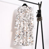 Summer Dress Women Lady Korean Style Vintage Floral Printed Cotton-Chiffon Shirt Dress Long Sleeve Bow Midi Dress