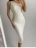 Zingj Slanting Shoulder Solid Color Knitted Dress Ins Xia Xian Slim Body Including Hip Middle Skirt Sleeveless