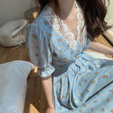 Floral Dress Women Elegant Lace Chiffon Korean Party Dress Puff Sleeve V Neck Midi Dress Fall Dresses for Women