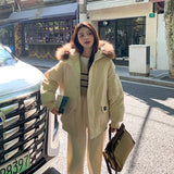Retro Navy Blue Wool Collar Parker Cotton Suit Women's Winter New Thickened Warm Oversize Padded Coat-Outfit