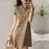 Spring and Summer Women New Elegant Lapel Collar Short Sleeve Above Knee Midi Floral