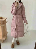 Autumn Winter New Down Jacket Female Long Money Slim Over The Knee Hoodie Waist Show Thin Belt Money Warm Coat Tide-Outfit