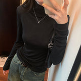 High-Necked Threaded Shoulder Long-Sleeved T-Shirt New Spring Style Slim And Thin Bottomed Shirt With