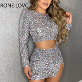 Women Elegant Round Neck Zipper Nine Quarter Sleeves Crop Sequins Small Silt Mini Skirt