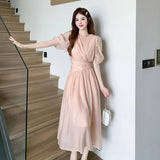 New French Midi Dresses for Women 2023 Elegant Party V-neck Bubble Sleeve Small Fresh Temperament A-line Female