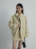 [Daihe] Autumn New Casual Cotton Brocade Standing Collar Simple And Versatile Solid Color Medium And Long Jacket Coat H7210-Outfit