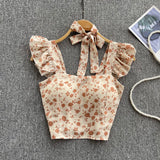 Zingj Summer Floral Strap Tops Women Square Neck Bow Ruffles Short Camisole Fashion Korean Flower Ladies Elastic Waist Top 211-0-Outfit