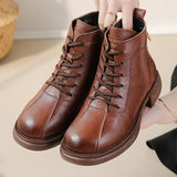 Zingj New Cowhide Middle Heel Soft-Soled Women's Short Boots Retro Leisure Leather Martin Boots Warm Women's Cotton