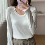 Threaded U-Collar Long-Sleeved Bottomed Shirt In Early Autumn New Plain Color Simple And Slim