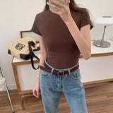 Shoulder Threaded Solid Color Round Collar Short-Sleeved T-Shirt Women's Spring And Summer New Tight And Thin