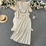 Zingj And Autumn Holiday Style Vintage Flower Suit Women's Long-Sleeved French Thin V-Neck Blouse + Forked Skirt Two
