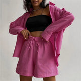 Sleeve Solid Green Shirt Casual Fashion Tops Summer Cotton Suit Two Piece Set Homewear Set Trousers Straight Shorts