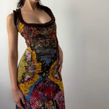 Zingj Women's Summer New French Oil Painting Print Vintage Dress Sexy U-Neck Fishtail Sling Dress