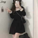 Dress Women Patchwork Gothic Dark Long Sleeve Mini Square Collar Preppy Style Temperament Spring Fall Vintage Slim
