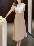 Women Elegant One Piece Midi Dress Office Lady Fashion Casual Patchwork Party Clothes