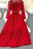 Women Lace Patchwork Pleated Long Dress Vintage Round Neck High Waist Big Swing Draped Vestidos Female Green/Red Robe
