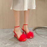 Zingj With High Heels 2024 Summer New Thin-Heeled Square Toe Style Large-Size Hairy