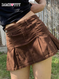 Pleated Mini Denim Skirt Women High Waist A Line Brown Micro Skirt Femme Girls Hot Jeans Skirts Grunge Bottom