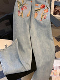 Mujer Summer Fashion Oversized Streetwear Retro Flower Print High Waist Blue Straight Casual Women Denim Trousers