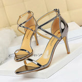 Zingj Fashion Sexy Nightclub Open Toe Metallic Cross Strap Heel High Heel Sandal Women's High