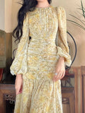 Floral Print Midi Dresses for Women 2023 New Summer Long Sleeve Folds Party Prom Female Clothes Beach Bodycon Dress